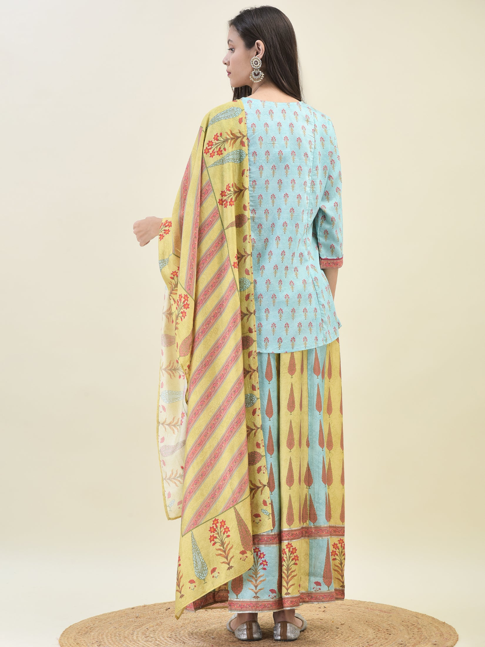 Women Chanderi Blue Ornamental Print Top Split Pant Dupatta