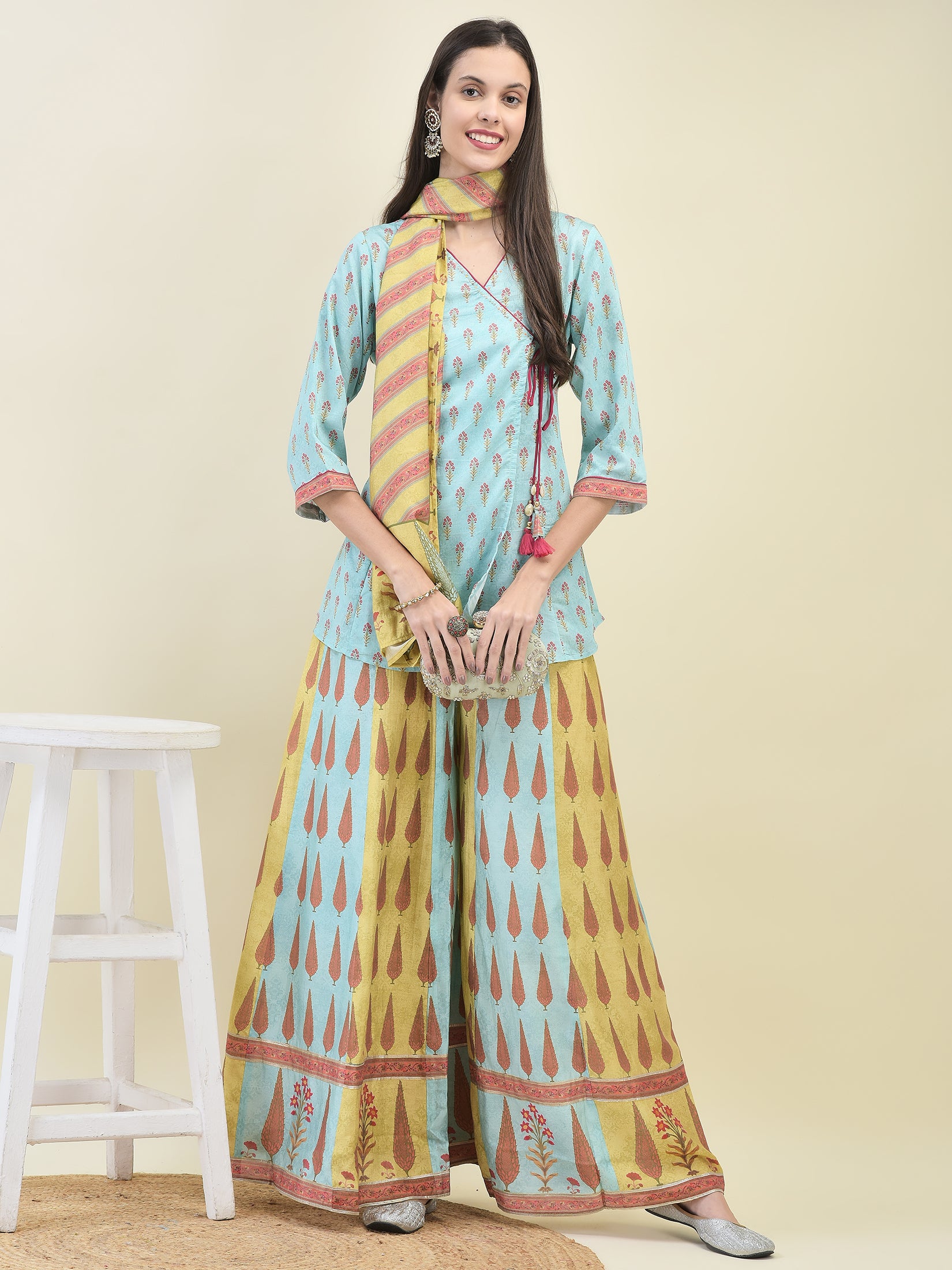 Women Chanderi Blue Ornamental Print Top Split Pant Dupatta