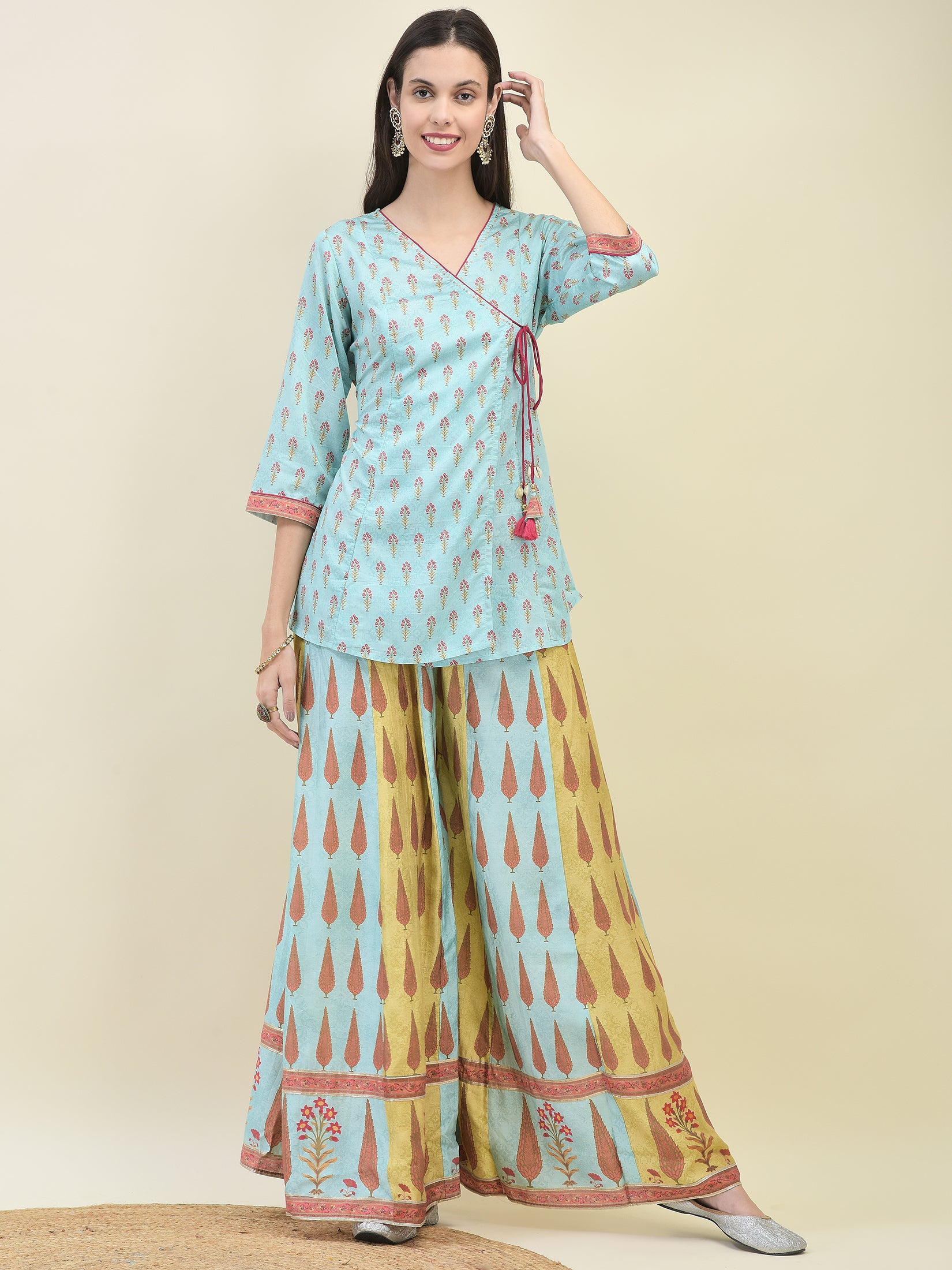 Women Chanderi Blue Ornamental Print Top Split Pant Dupatta