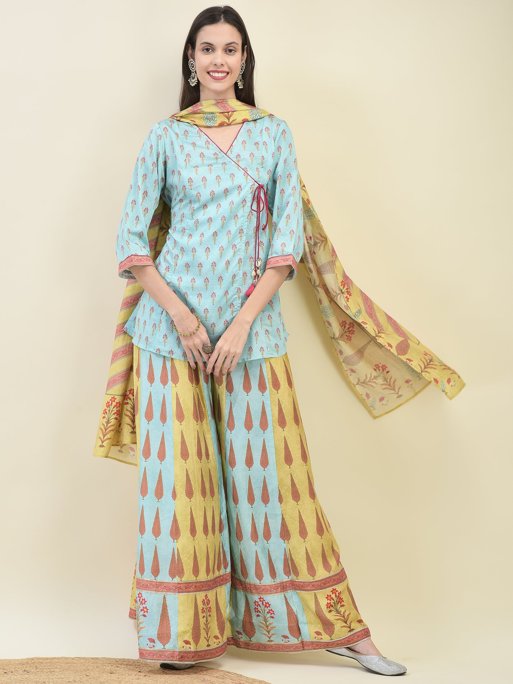 Women Chanderi Blue Ornamental Print Top Split Pant Dupatta