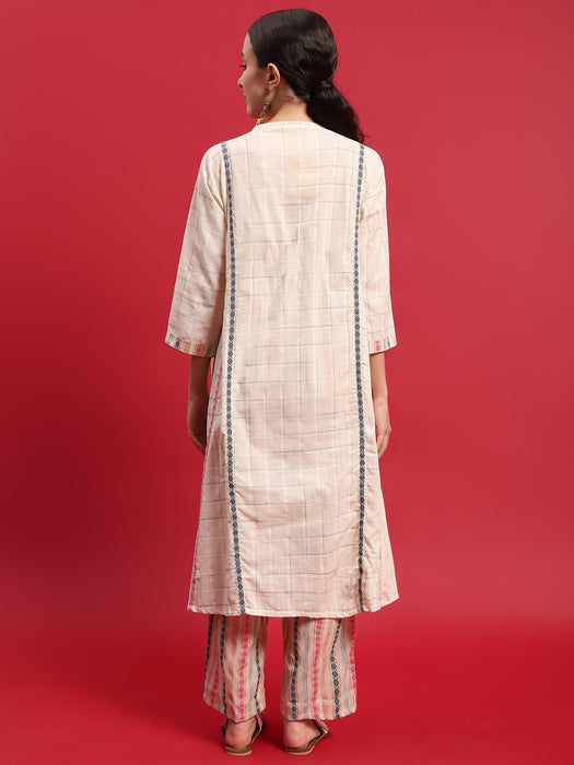 Women Cotton Off White Yarn Dyed Kurta With Comfort Pant