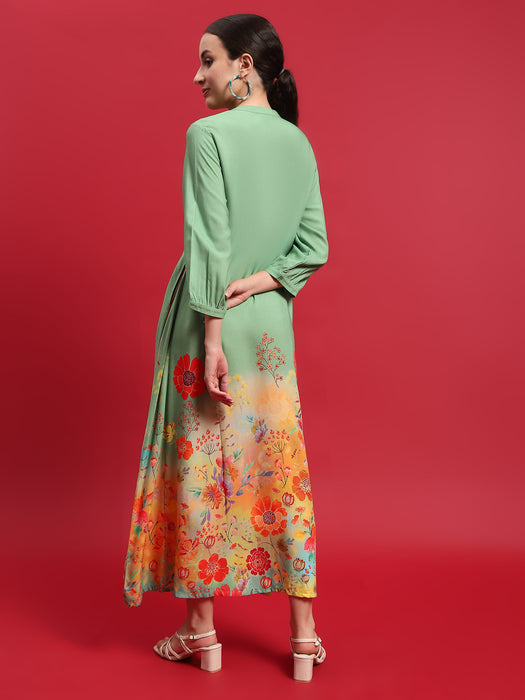 Women Liva (Rayon) Green Floral Print Dress