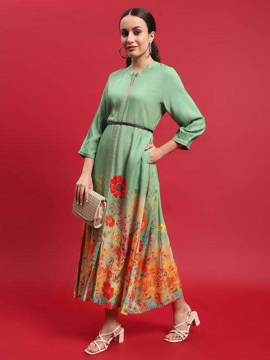 Women Liva (Rayon) Green Floral Print Dress