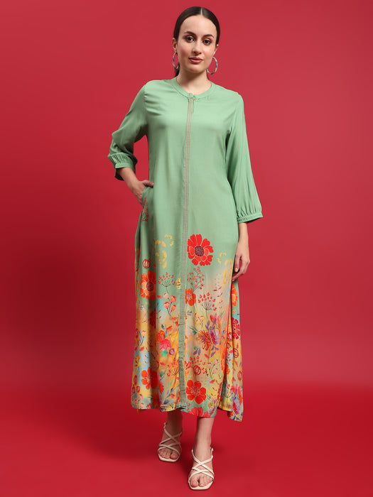 Women Liva (Rayon) Green Floral Print Dress