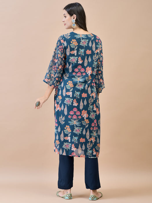 Women Georgette Blue Floral Print Kurta