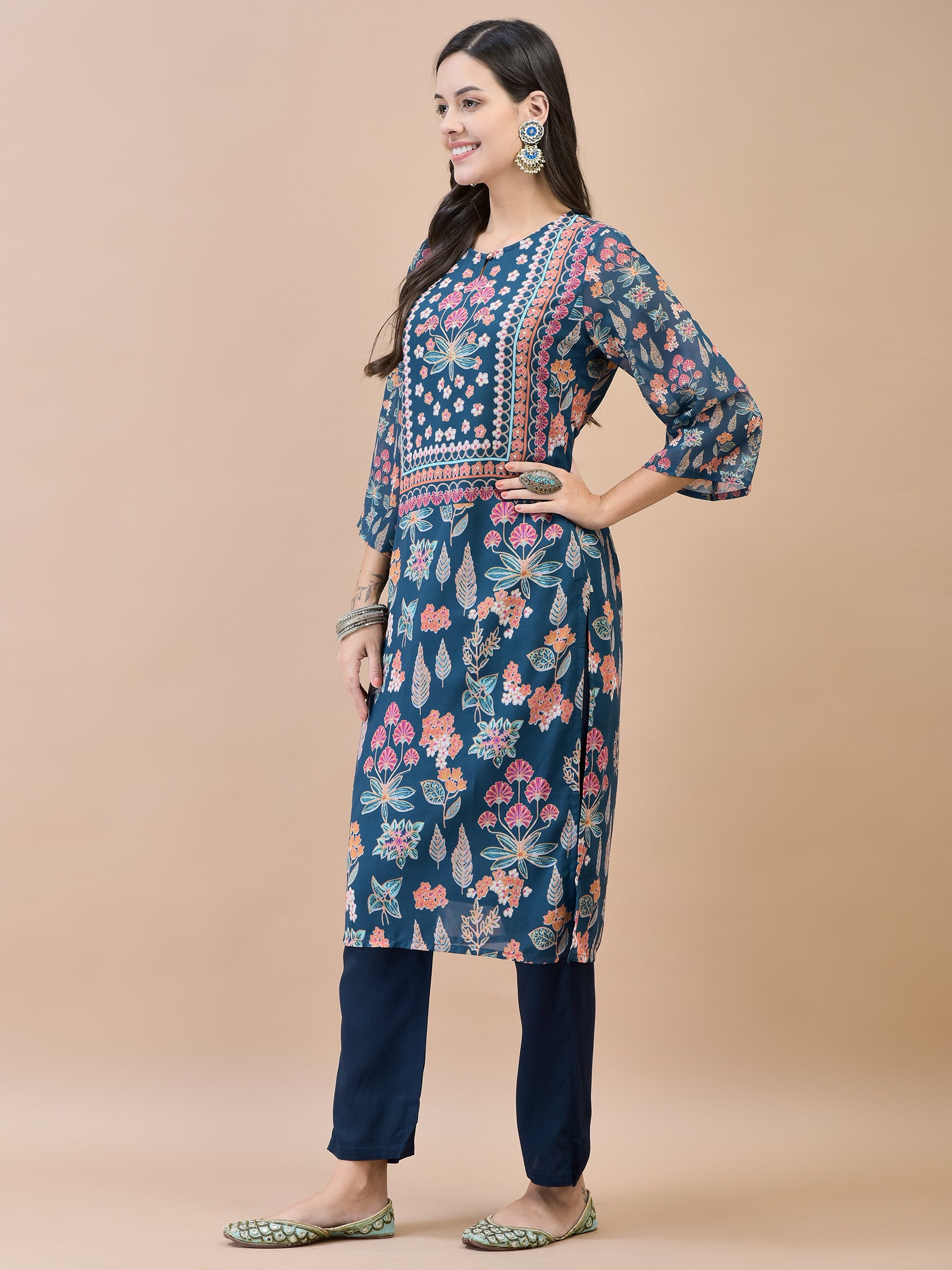 Women Georgette Blue Floral Print Kurta