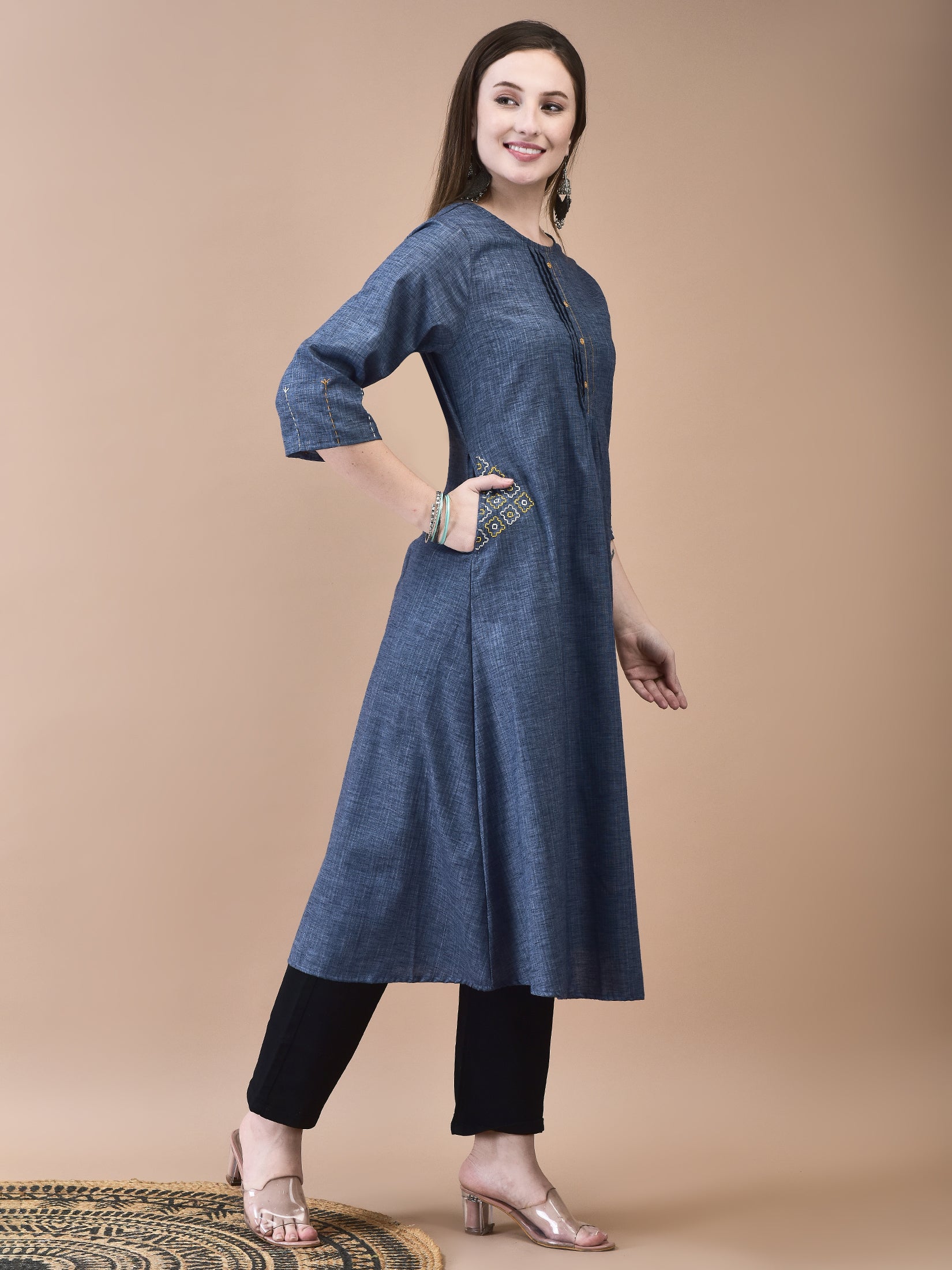 Women Liva Blue Solid Dress