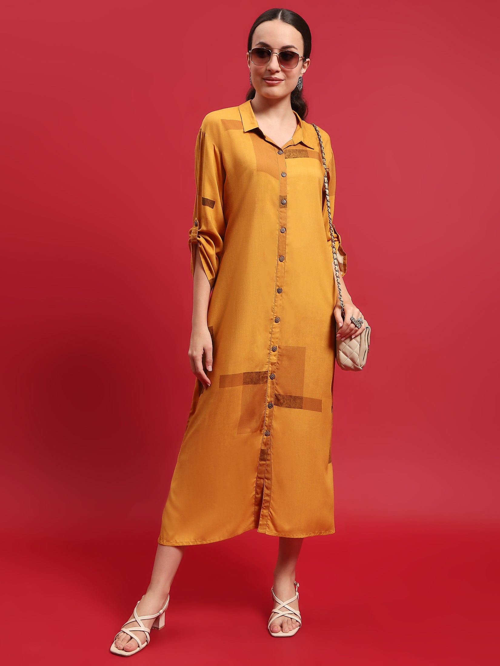 Women Liva Rayon Mustard Solid Dress