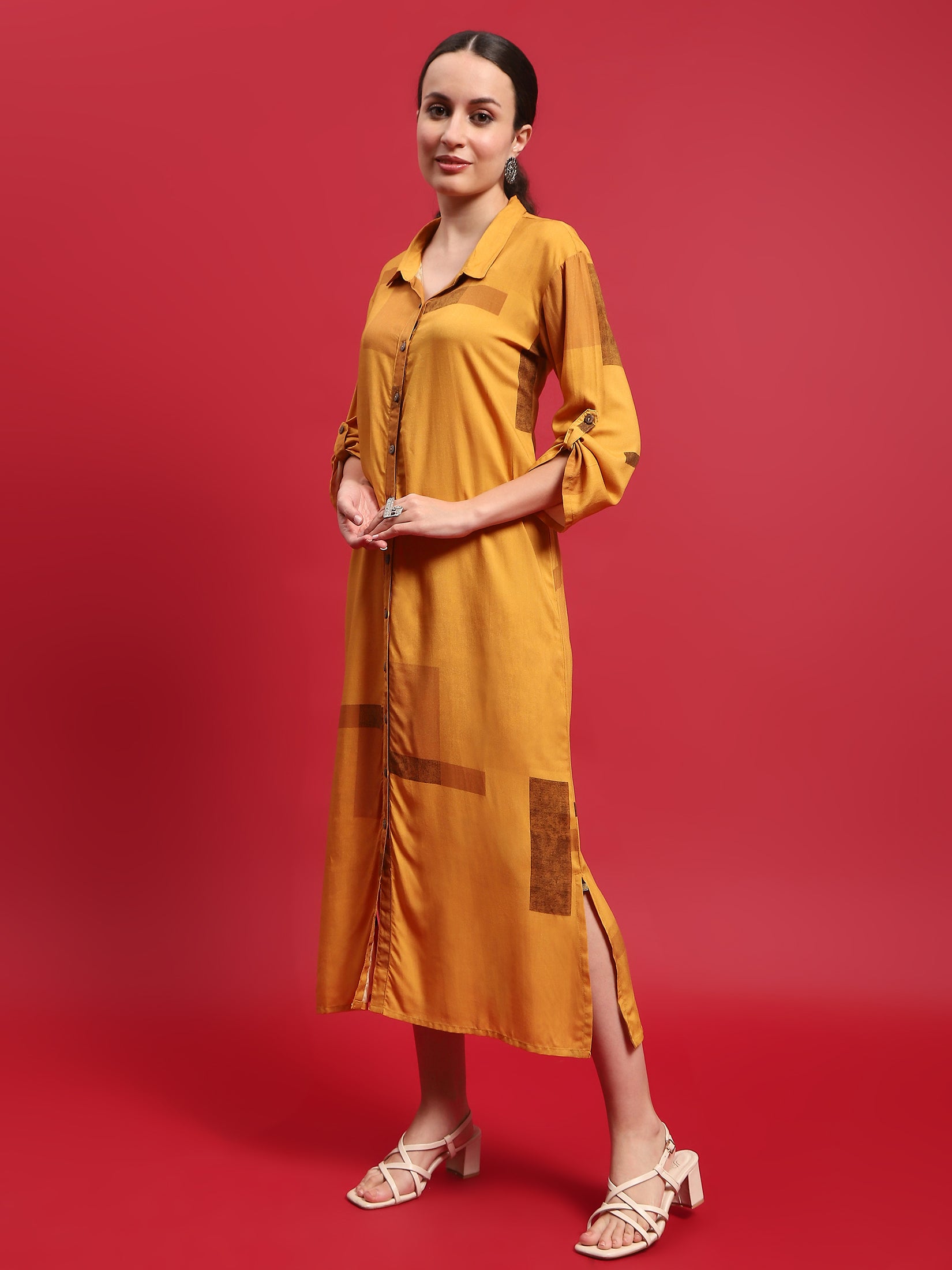 Women Liva Rayon Mustard Solid Dress