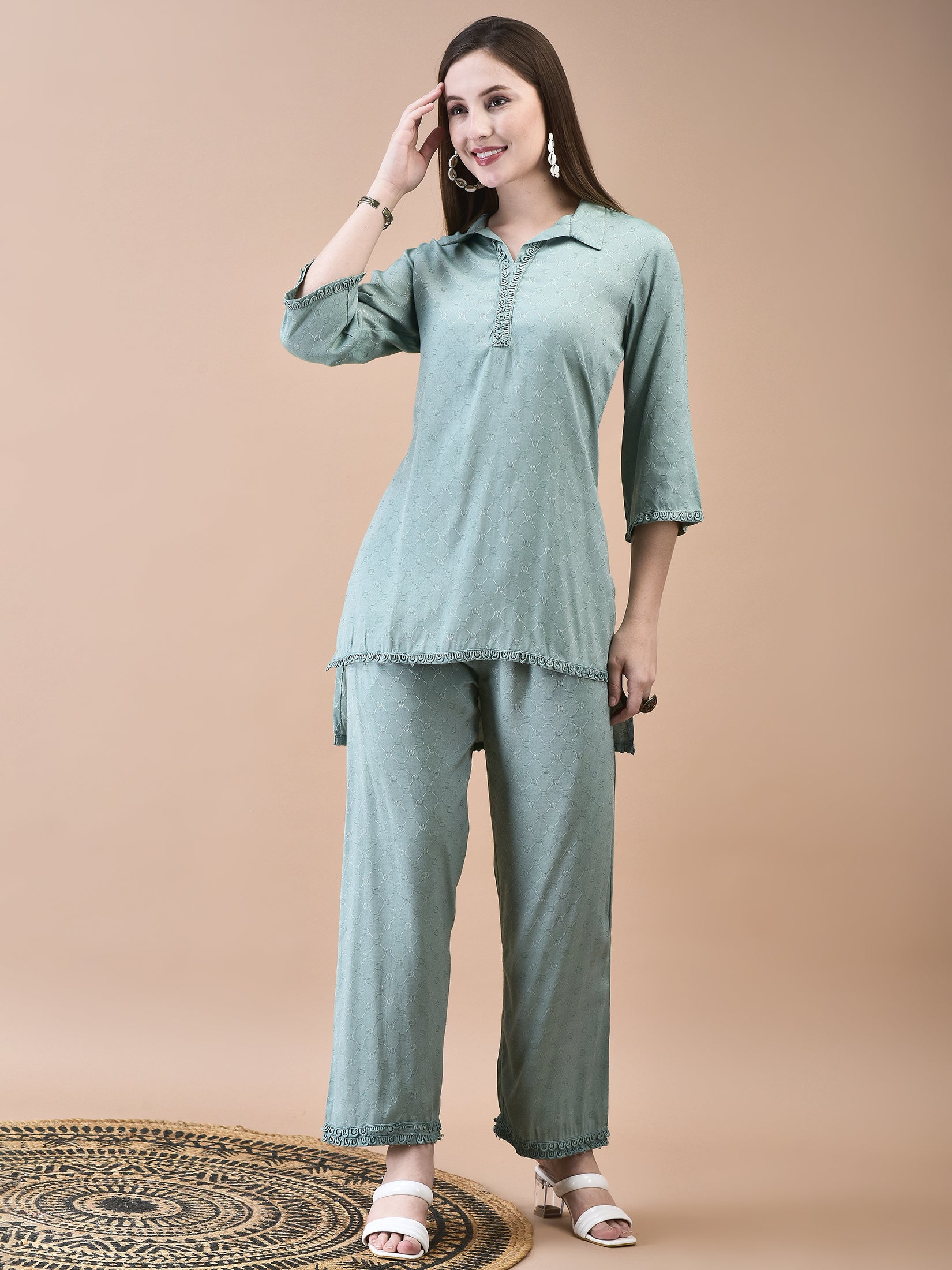 Women Poly Viscose Dobby Green Solid Co-Ord Set