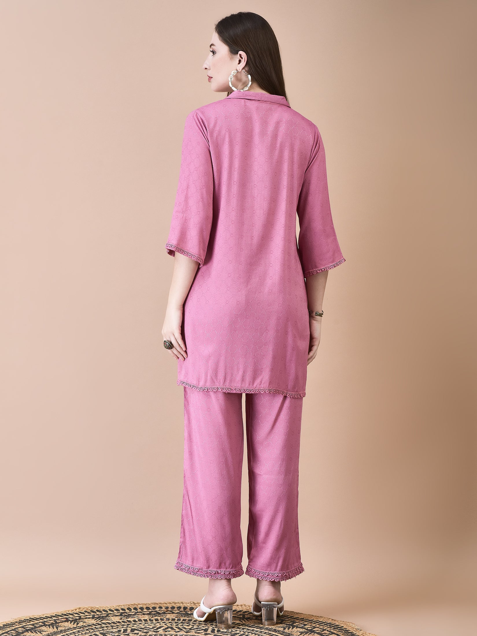 Women Poly Viscose Dobby Pink Solid Co-Ord Set