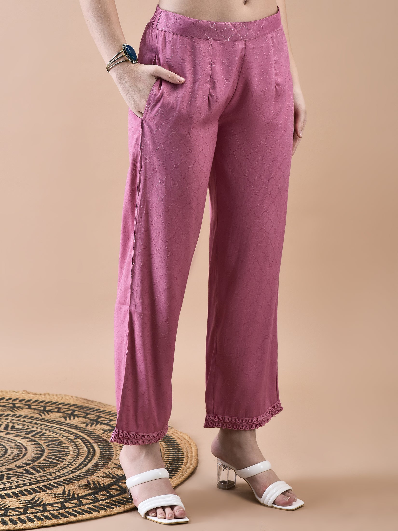 Women Poly Viscose Dobby Pink Solid Co-Ord Set