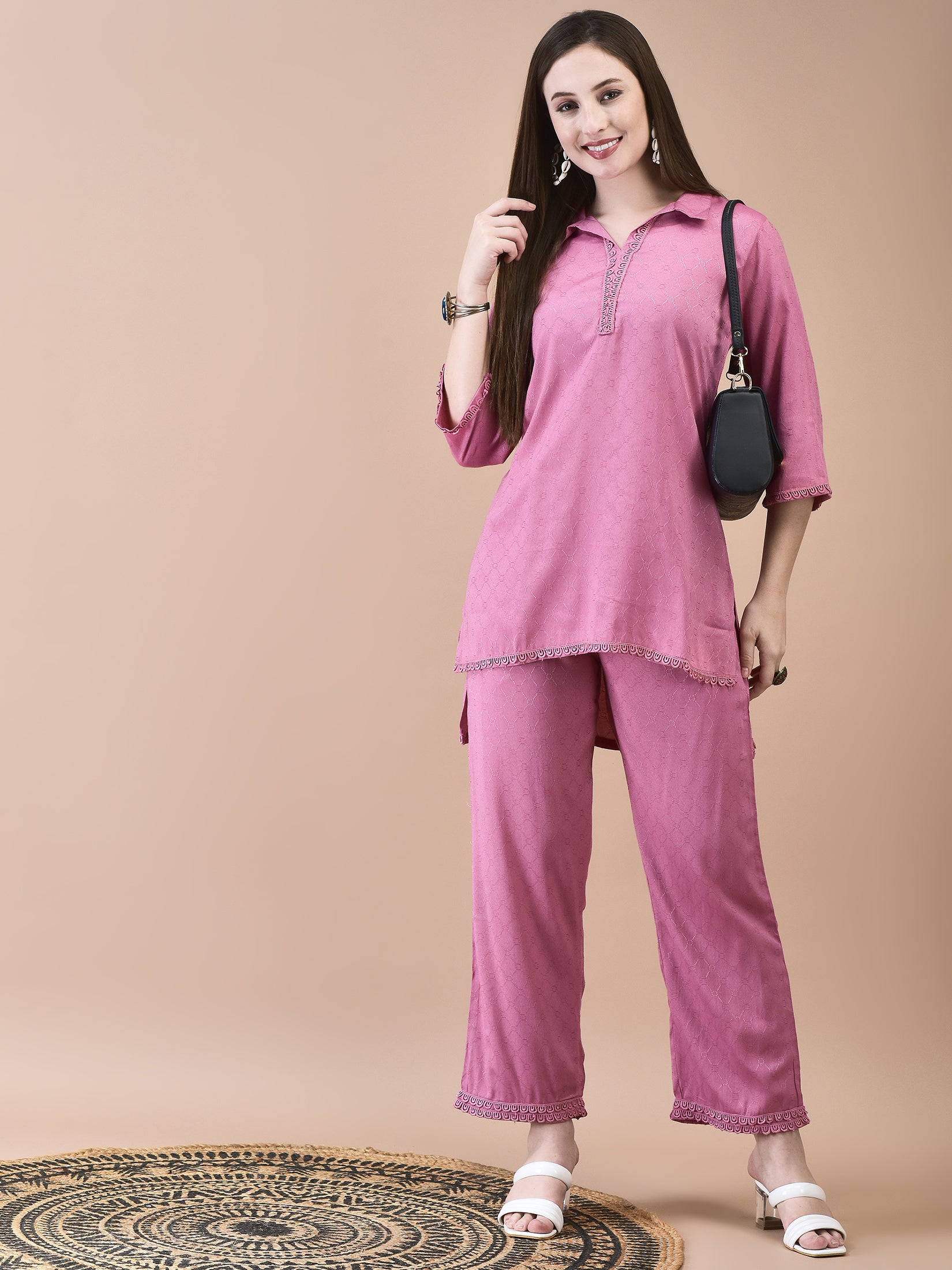 Women Poly Viscose Dobby Pink Solid Co-Ord Set