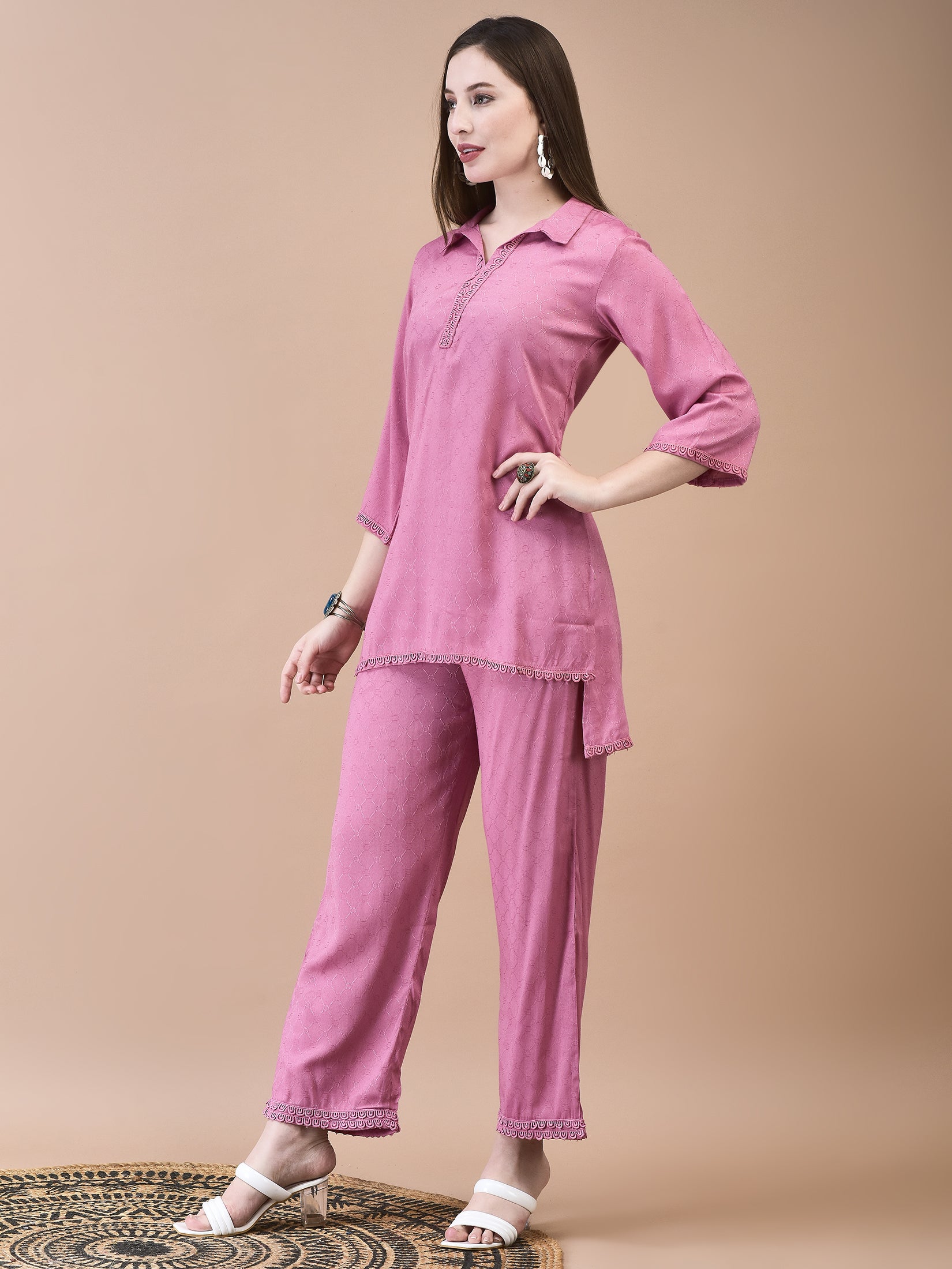 Women Poly Viscose Dobby Pink Solid Co-Ord Set