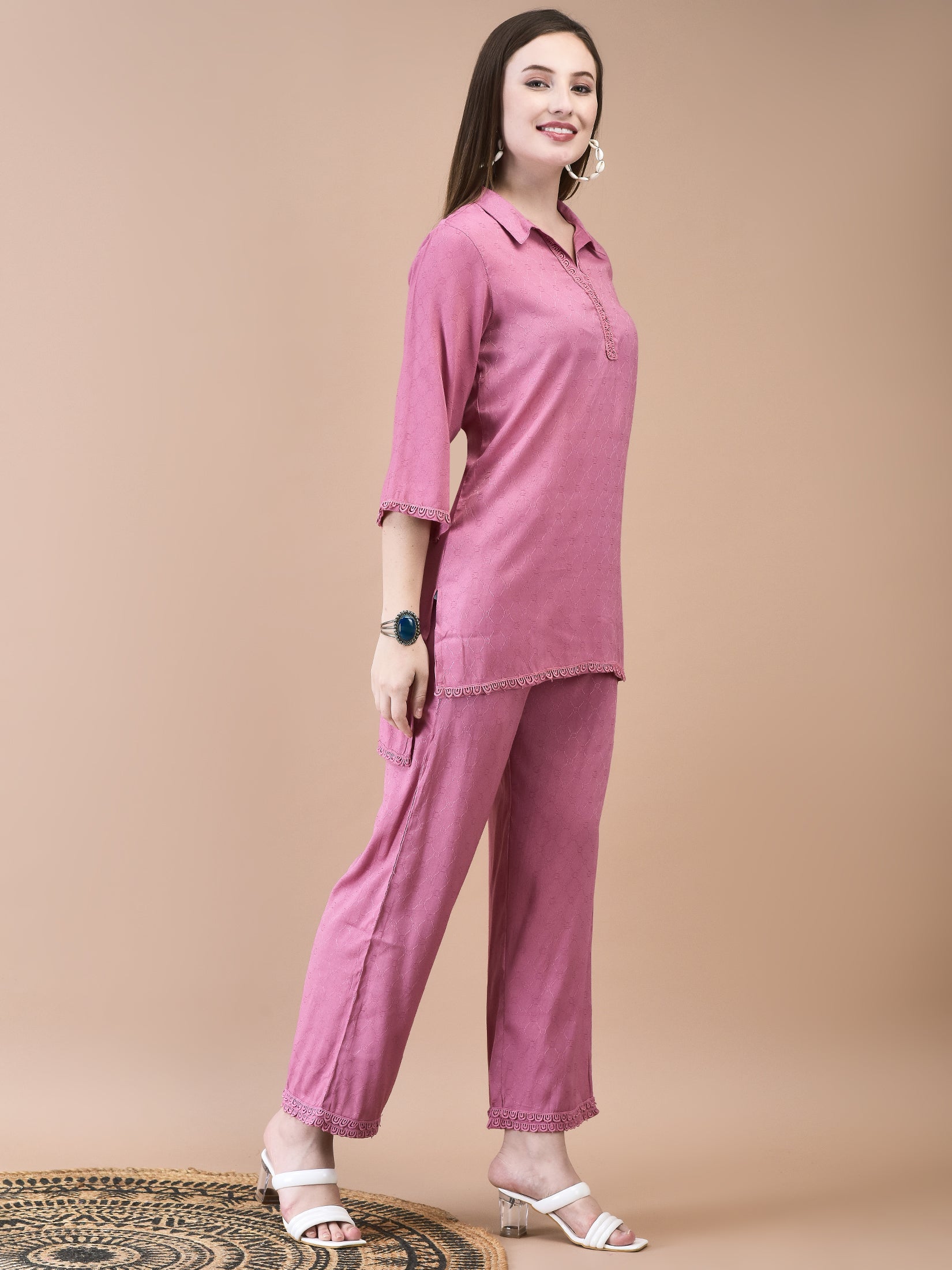 Women Poly Viscose Dobby Pink Solid Co-Ord Set