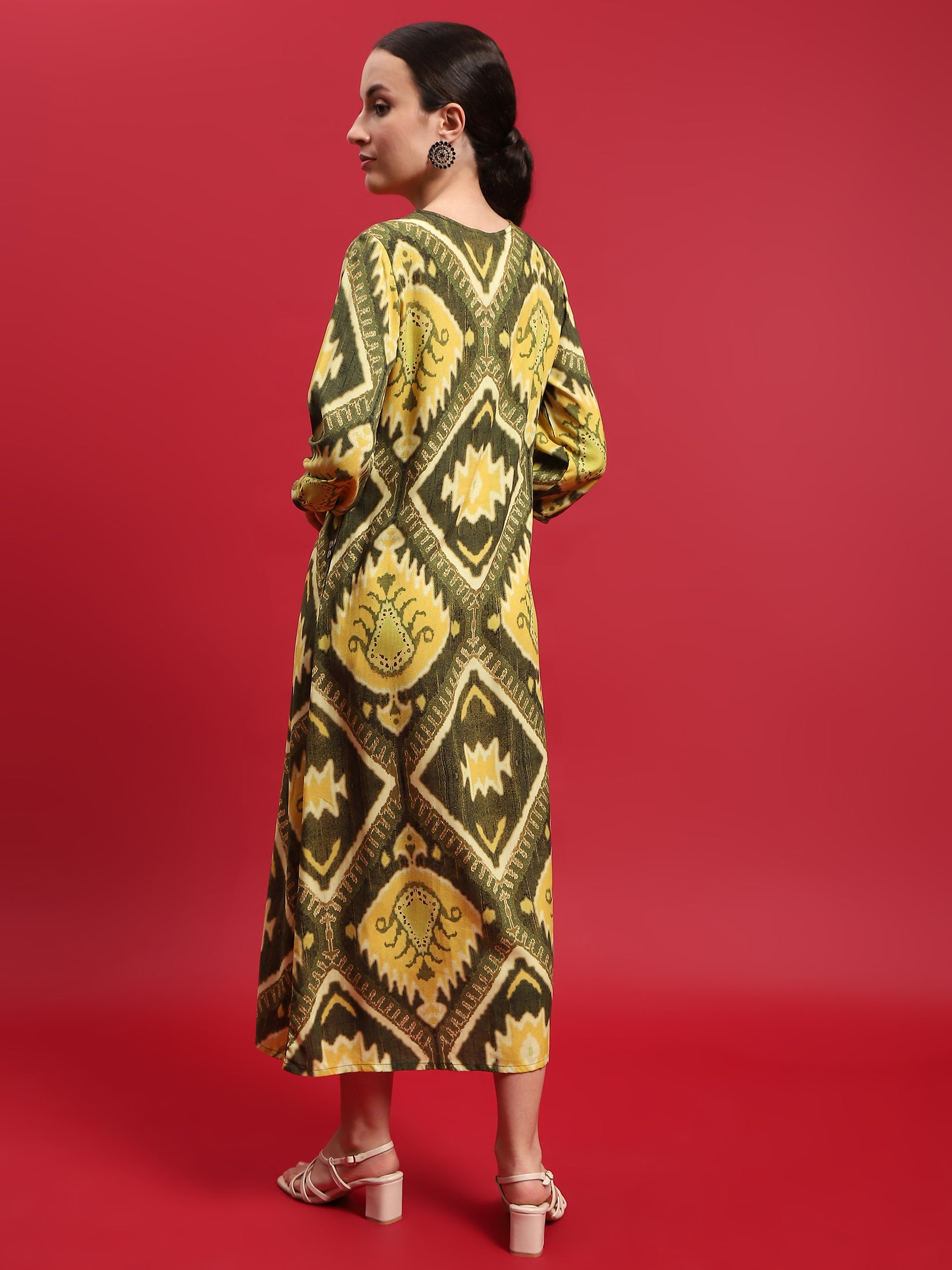 Women Liva Rayon Olive Ikat Print Dress