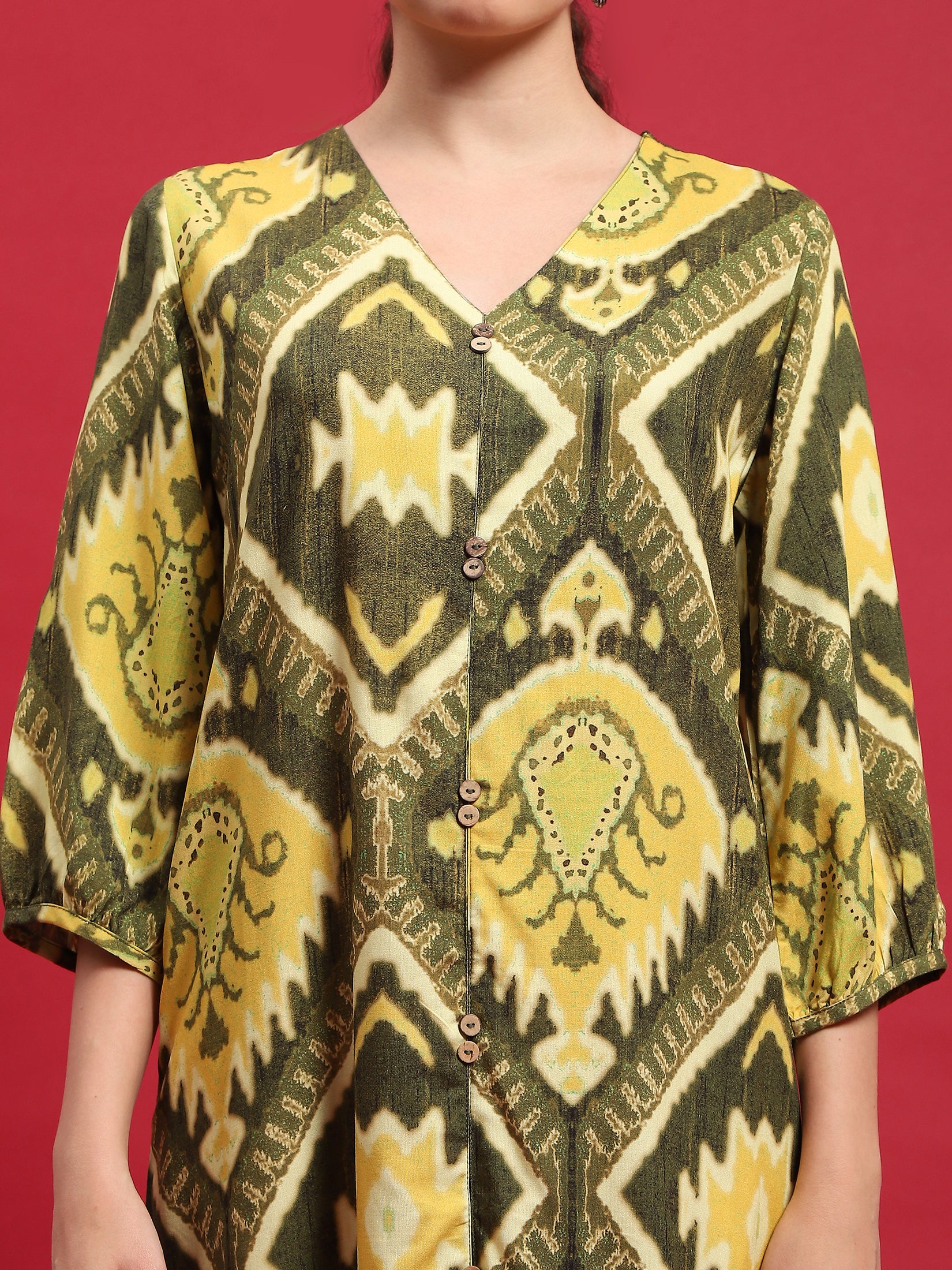 Women Liva Rayon Olive Ikat Print Dress