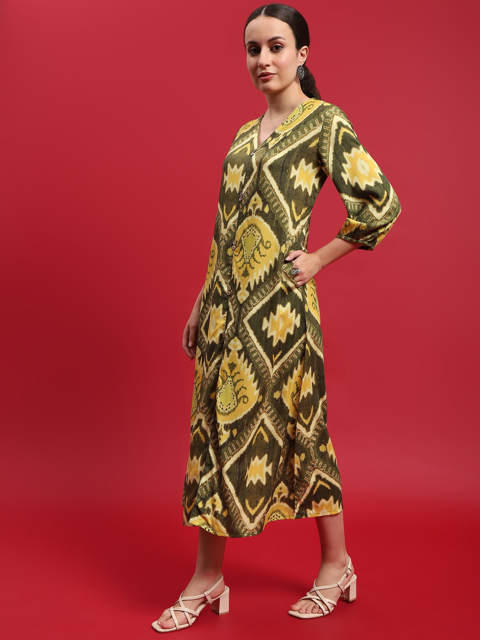 Women Liva Rayon Olive Ikat Print Dress