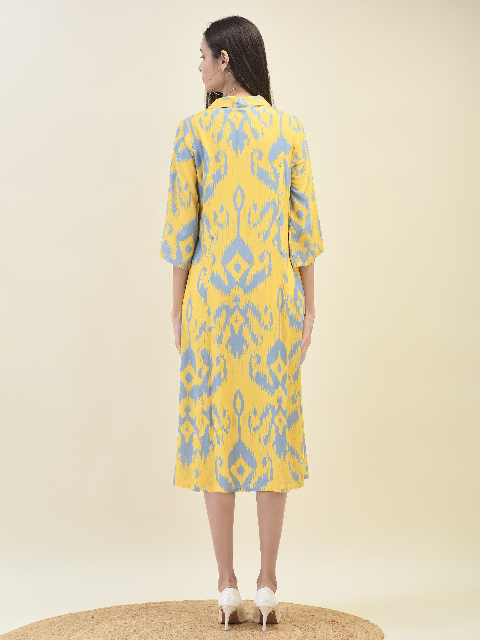 Women Liva Rayon Yellow Ikat Print Dress