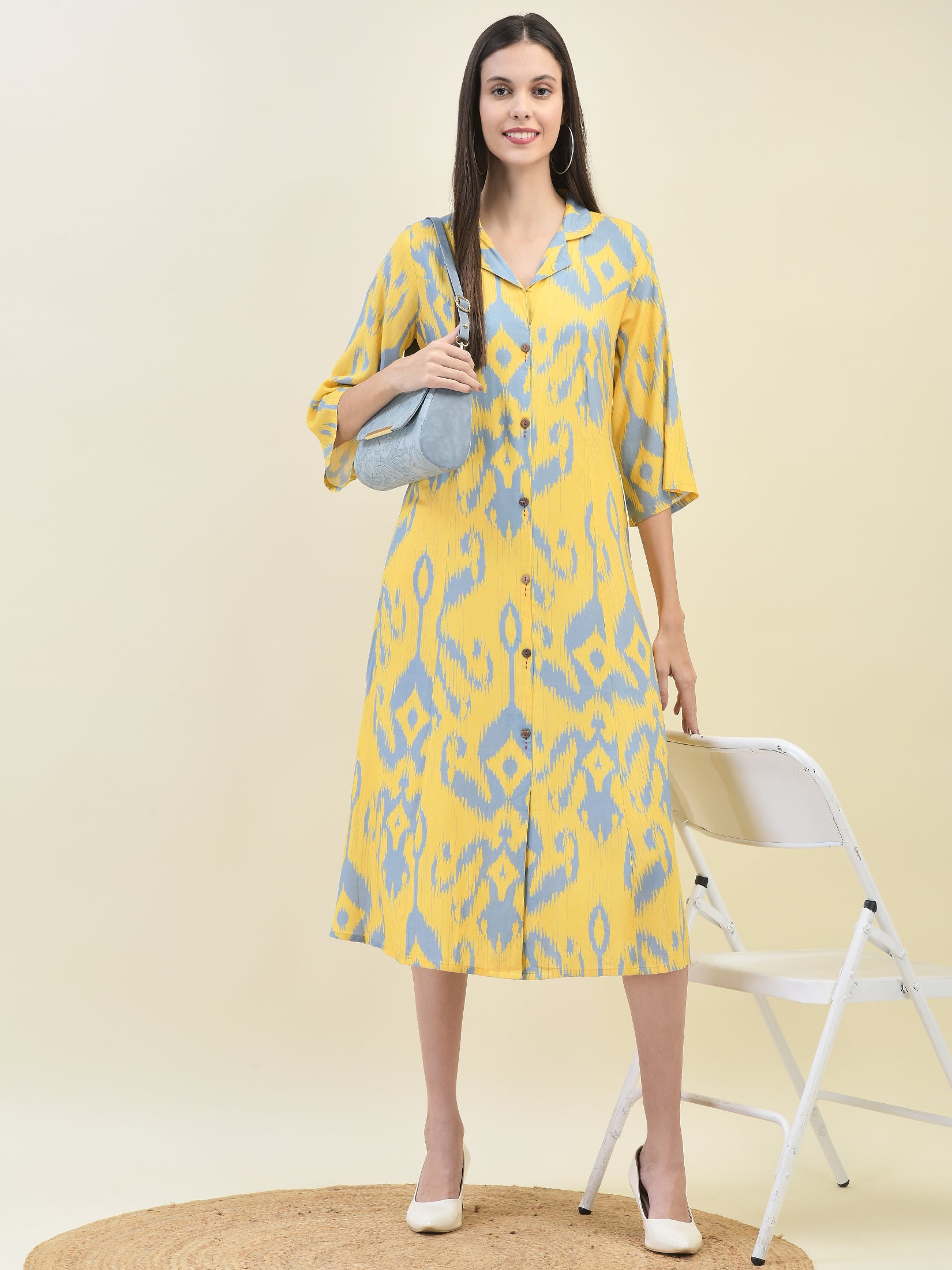 Women Liva Rayon Yellow Ikat Print Dress