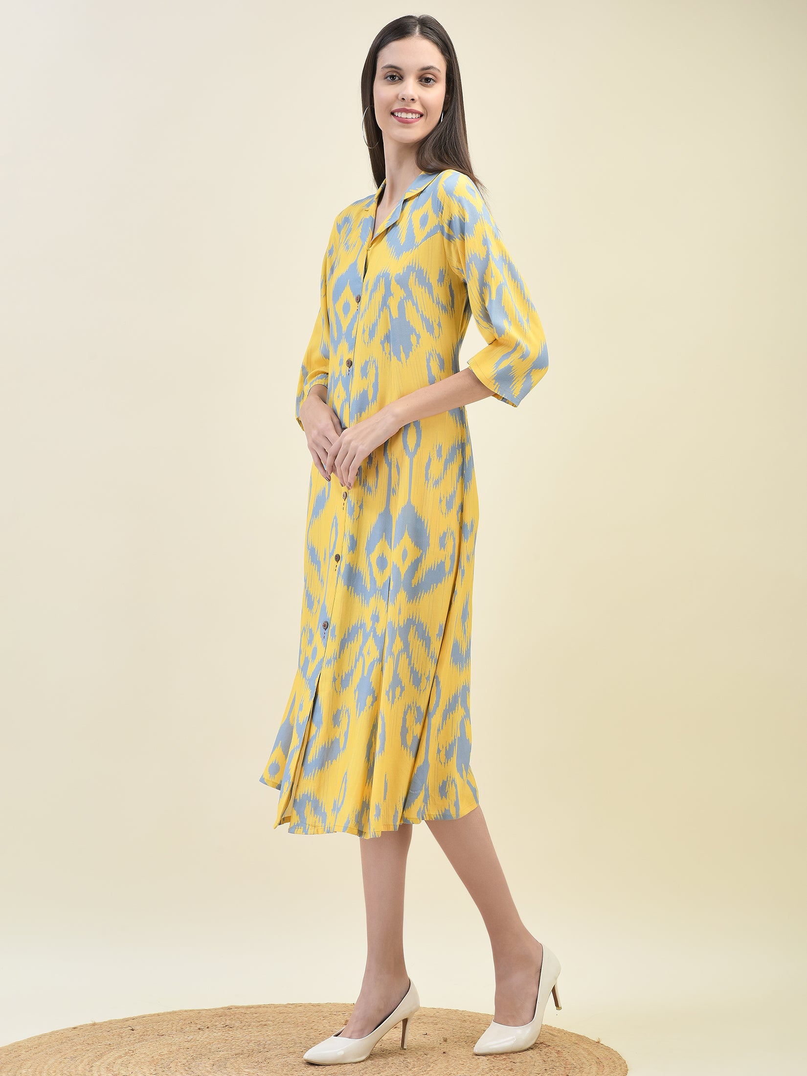 Women Liva Rayon Yellow Ikat Print Dress