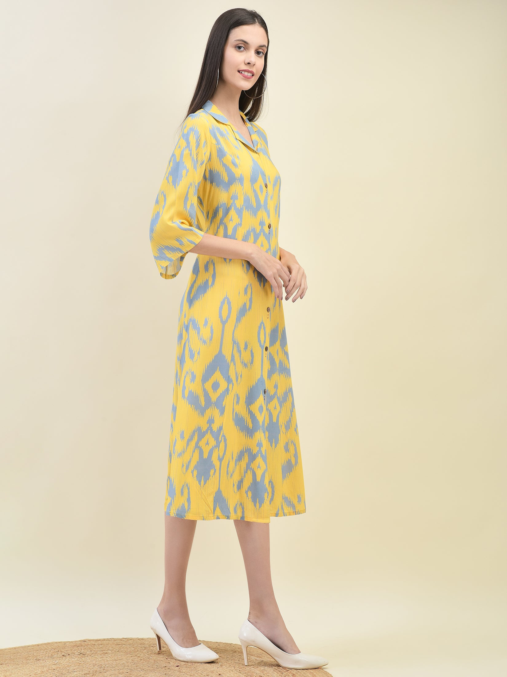 Women Liva Rayon Yellow Ikat Print Dress