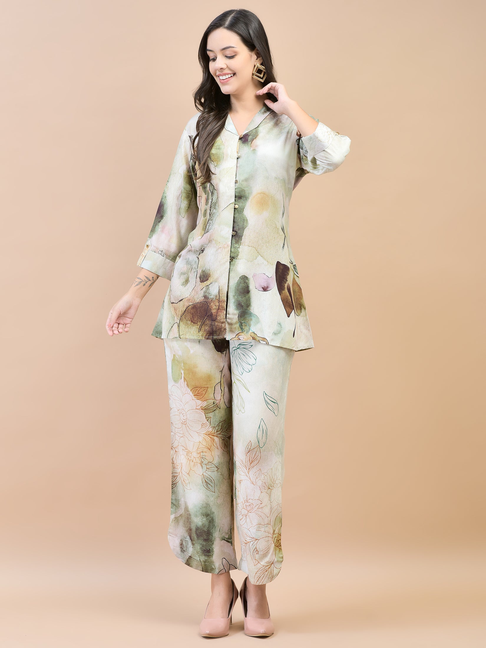 Women Liva Rayon Green Abstract Print Co-Ord Set