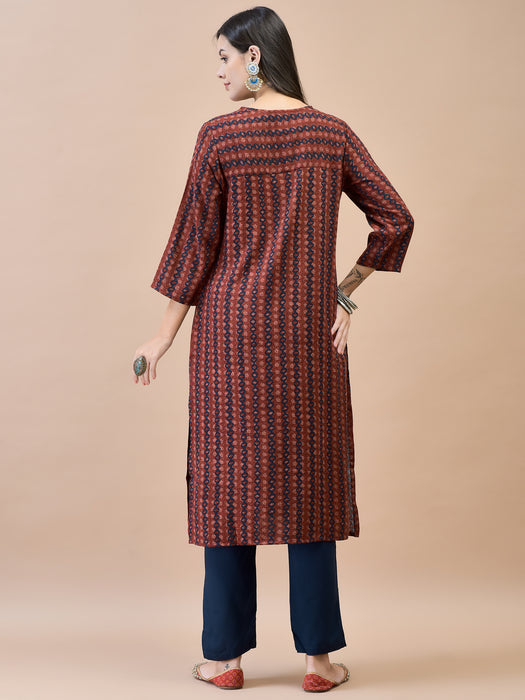 Women Liva Rayon Maroon Geometric Print Kurta