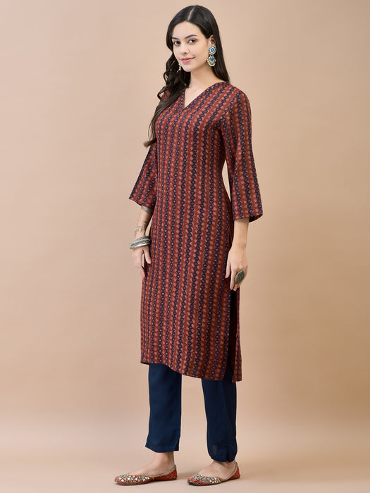 Women Liva Rayon Maroon Geometric Print Kurta