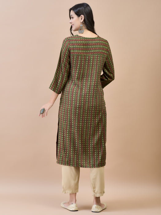 Women Liva Rayon Olive Geometric Print Kurta