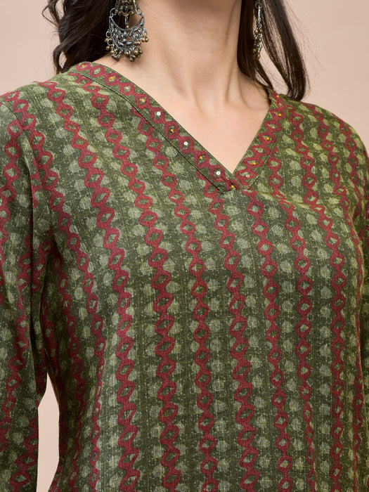 Women Liva Rayon Olive Geometric Print Kurta