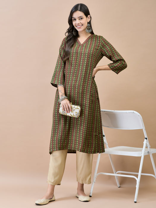 Women Liva Rayon Olive Geometric Print Kurta