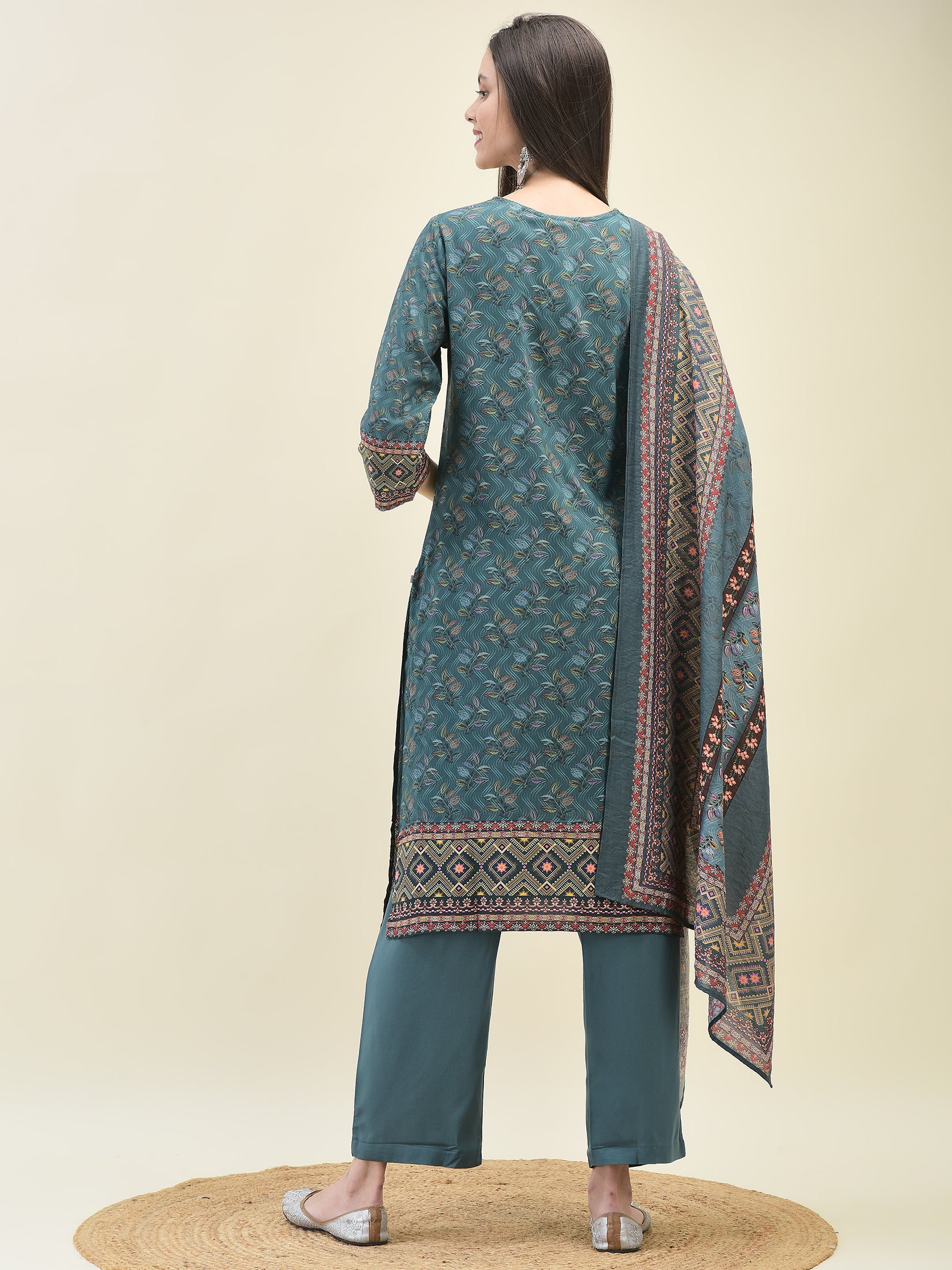 Women Liva Rayon Blue Floral Print Kurta Comfort Pant Dupatta