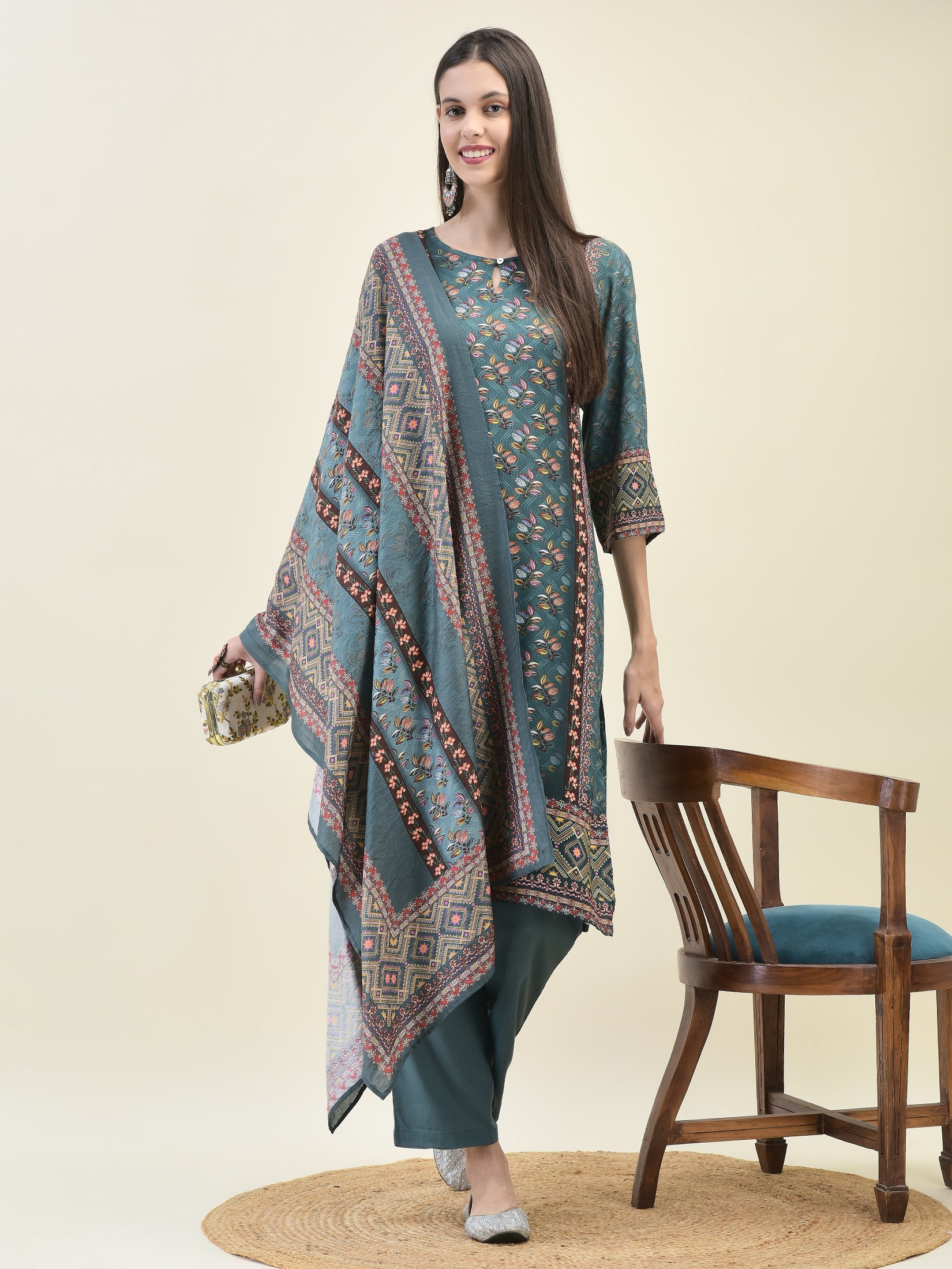 Women Liva Rayon Blue Floral Print Kurta Comfort Pant Dupatta