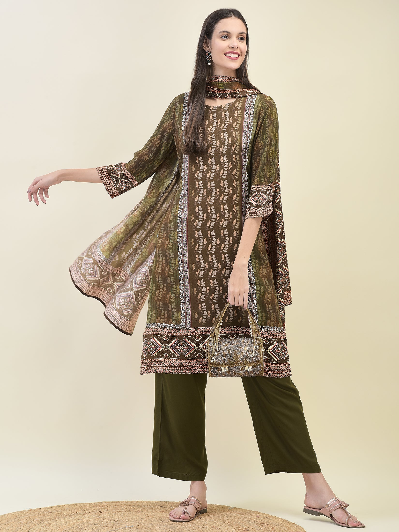 Women Liva Rayon Olive Floral Print Kurta Comfort Pant Dupatta