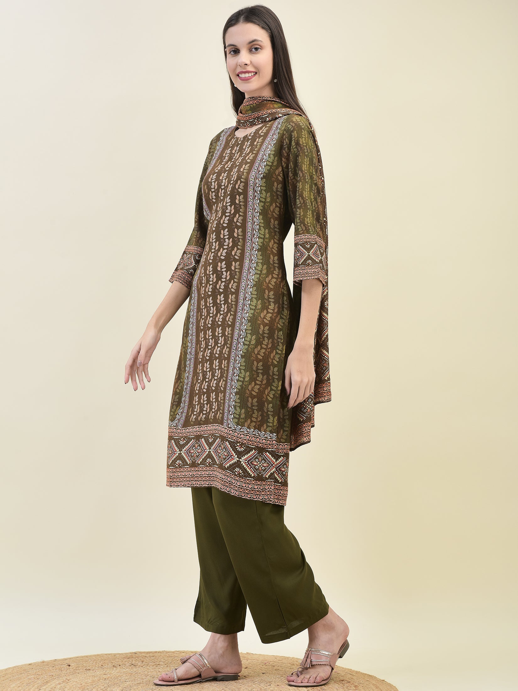 Women Liva Rayon Olive Floral Print Kurta Comfort Pant Dupatta