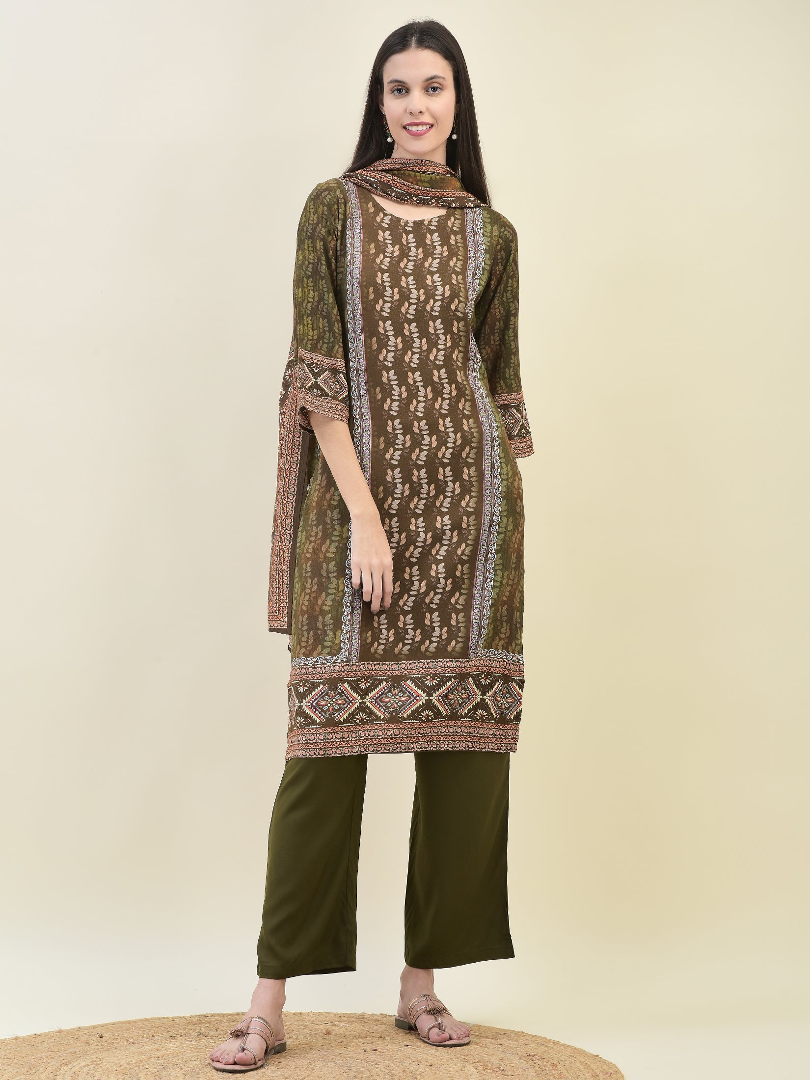 Women Liva Rayon Olive Floral Print Kurta Comfort Pant Dupatta