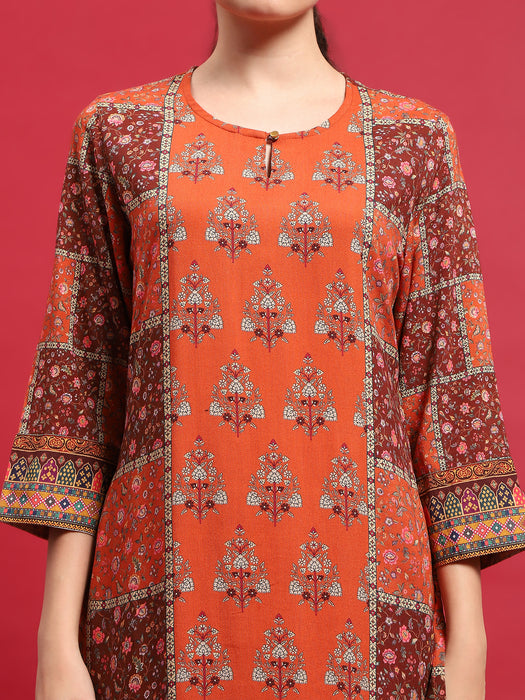 Women Liva Rayon Orange Floral Print Kurta With Comfort Pant