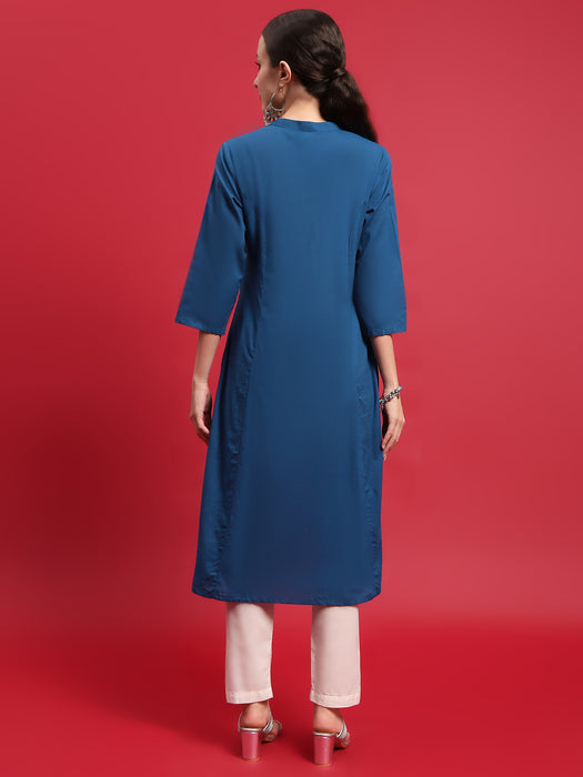 Women Cotton Blue Solid Kurta