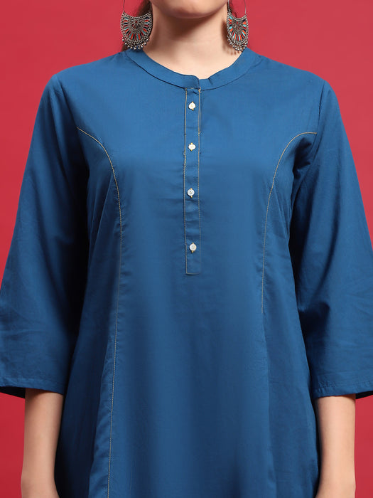 Women Cotton Blue Solid Kurta