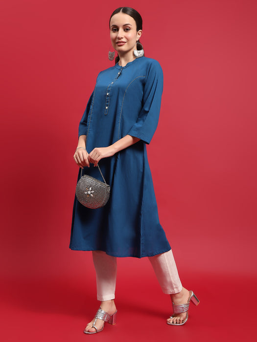 Women Cotton Blue Solid Kurta