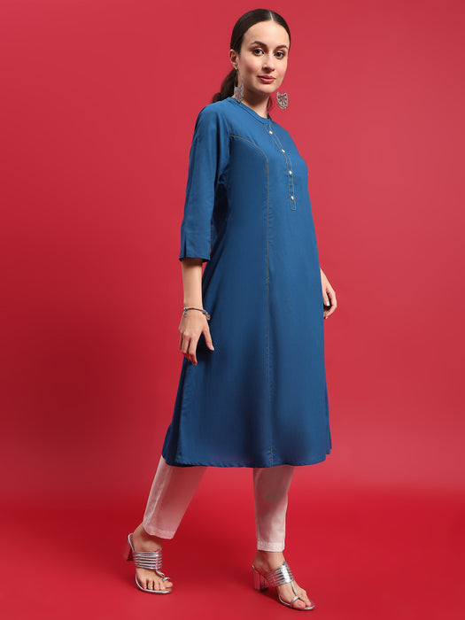 Women Cotton Blue Solid Kurta