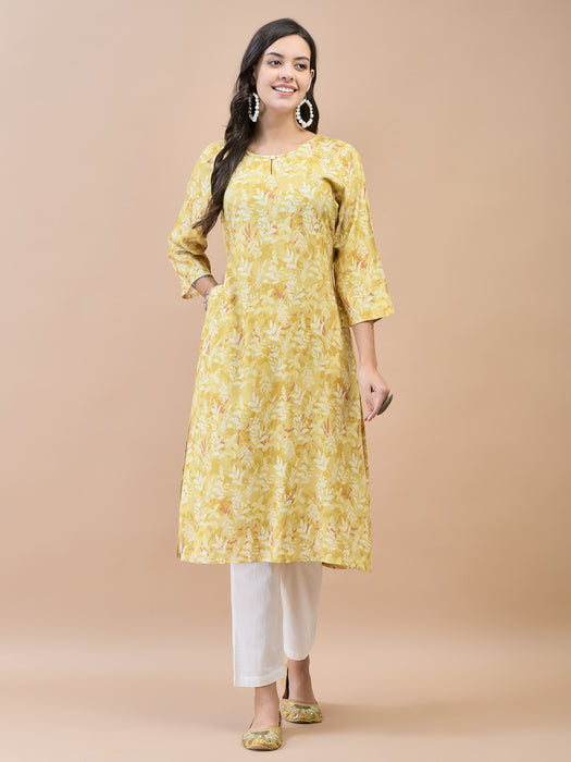 Women Liva Rayon Mustard Floral Print Kurta