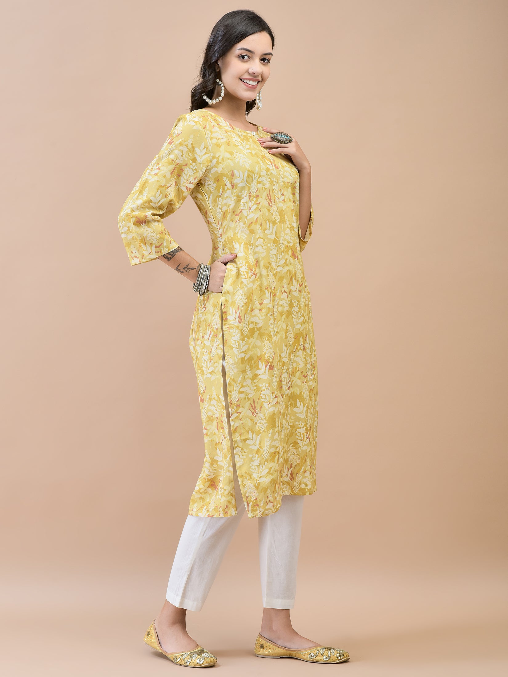 Women Liva Rayon Mustard Floral Print Kurta