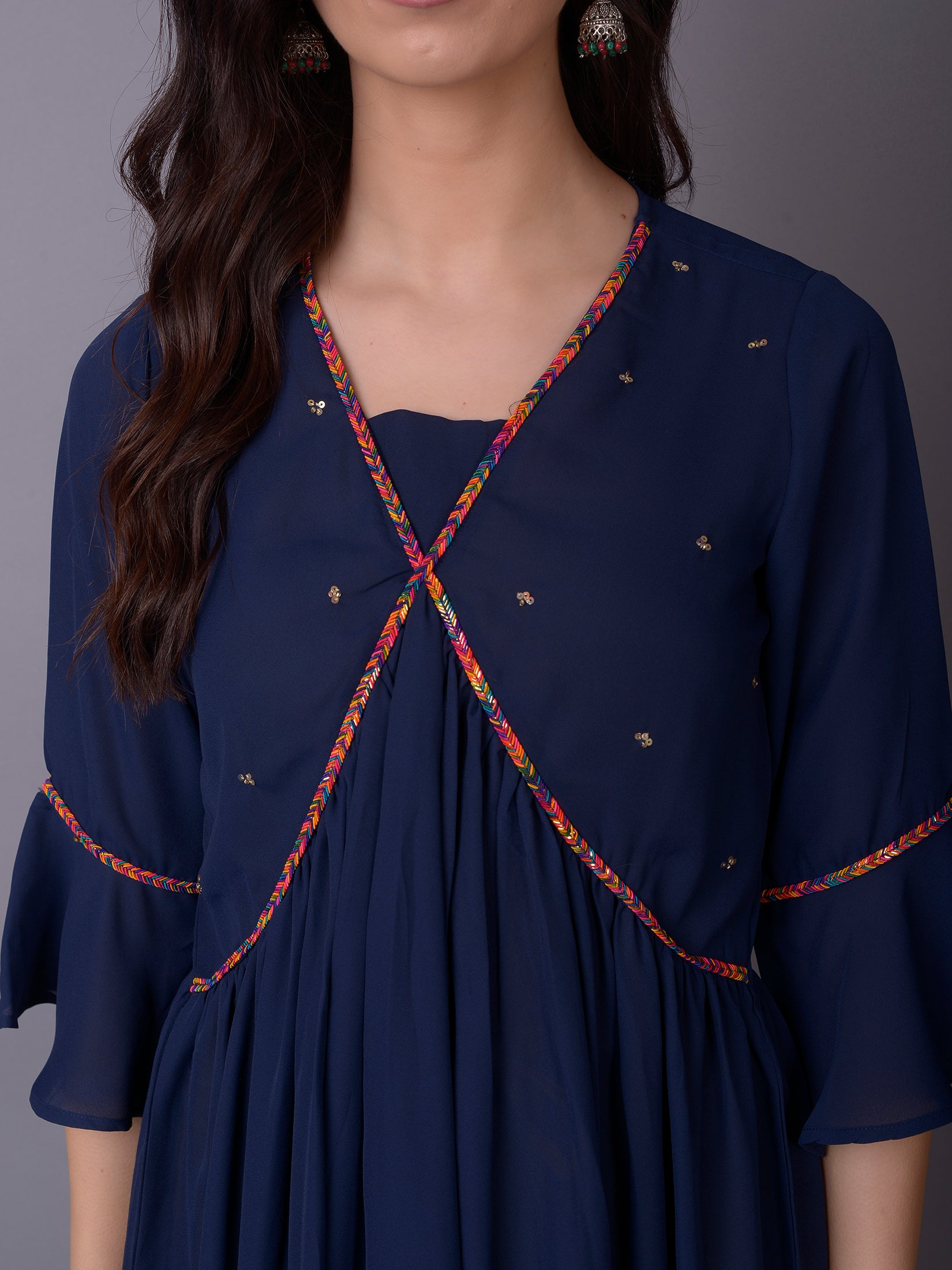 Women Navy Blue Fit And Flare Kurta