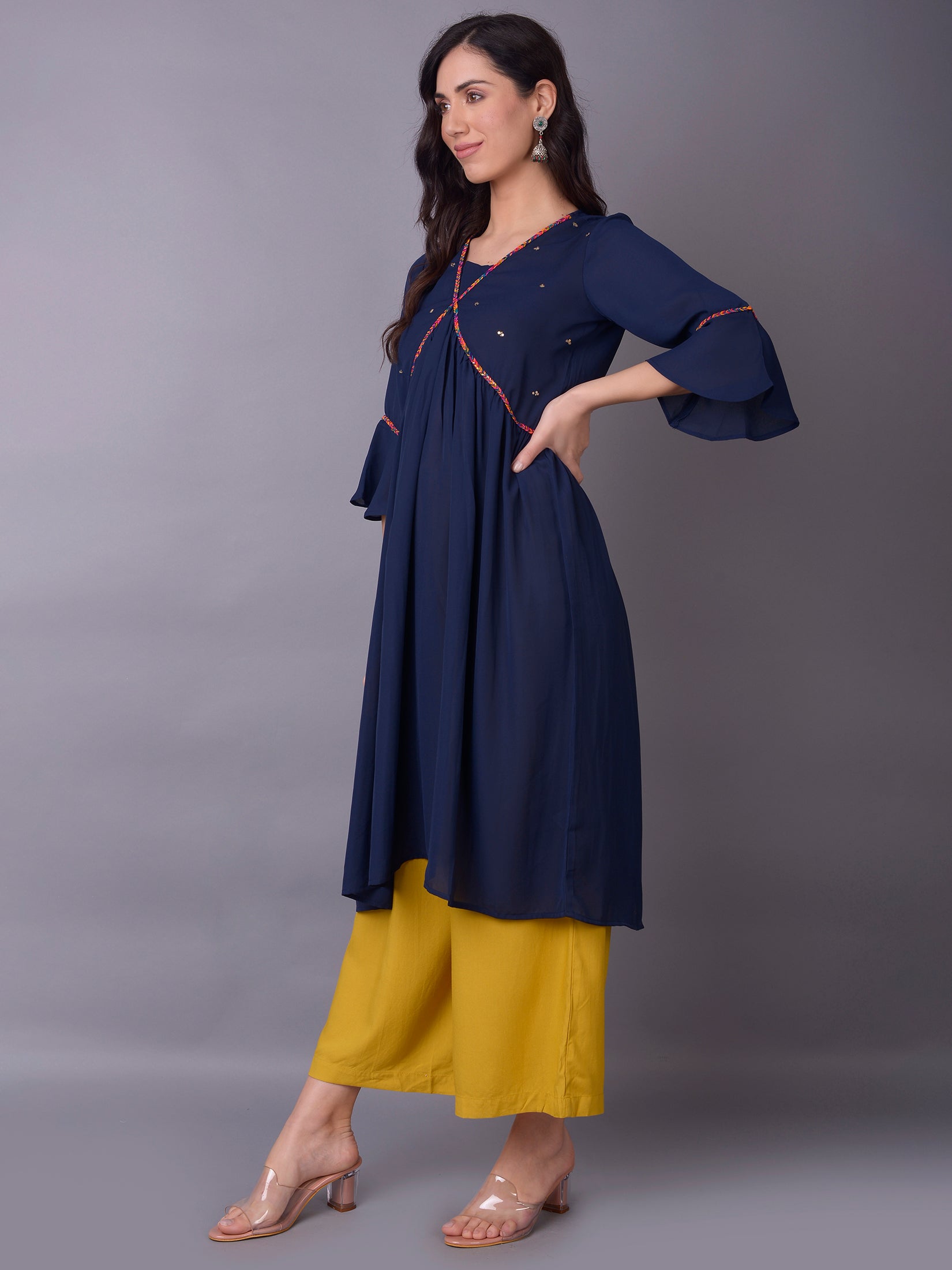 Women Navy Blue Fit And Flare Kurta