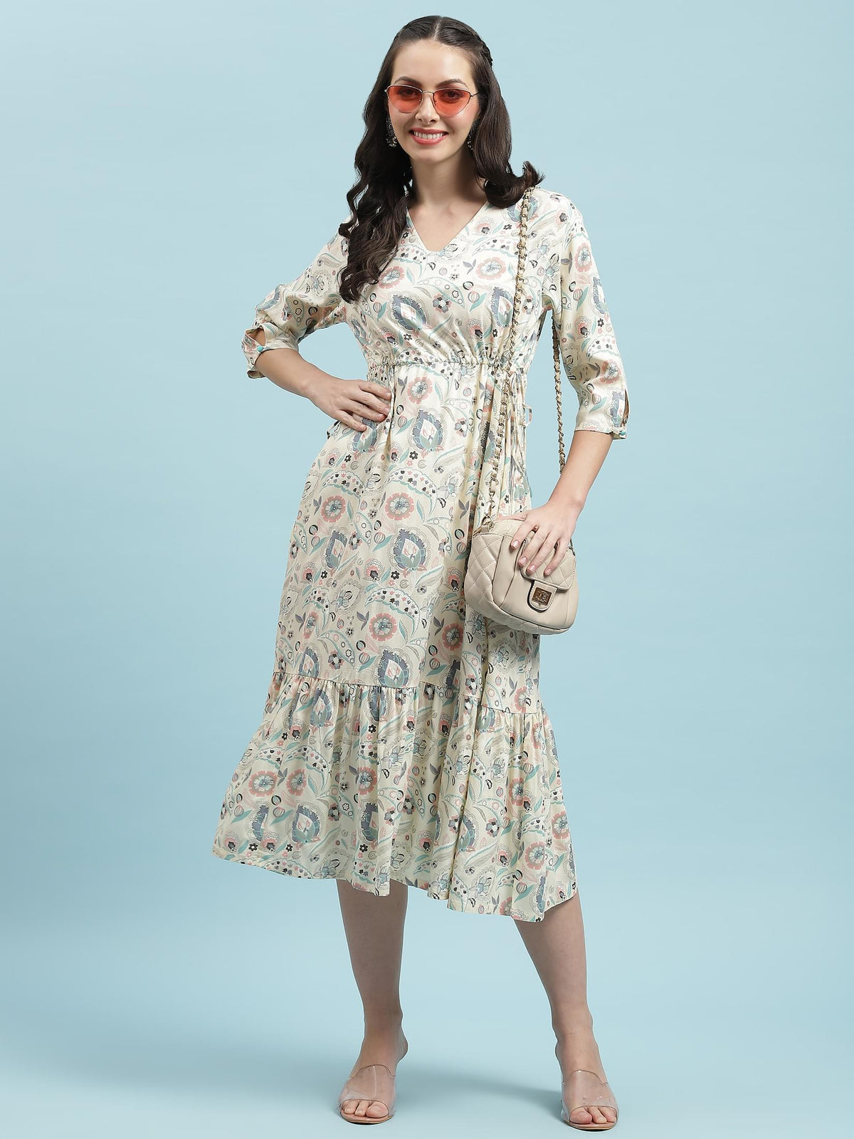Women Off White Floral Printed Dress