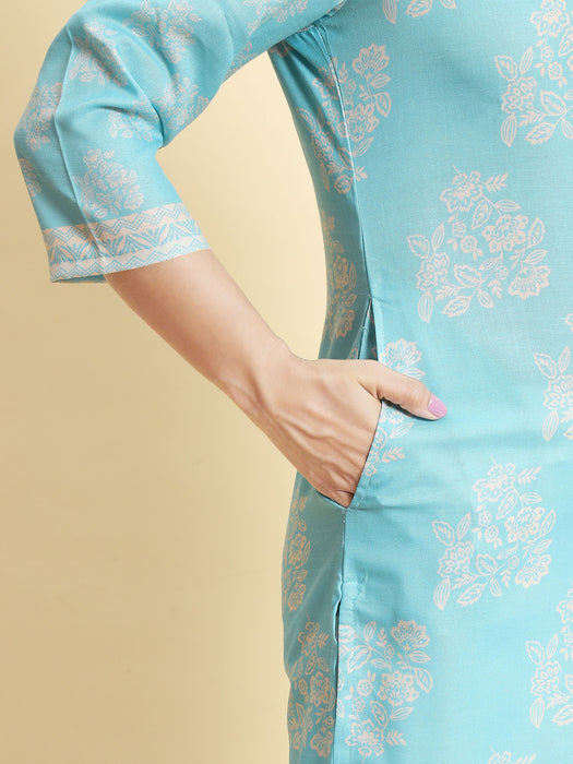 Ethnic Sets - Women Turquoise Blue Floral Printed Kurta Harem Pant Dupatta
