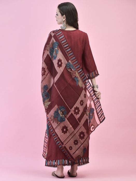 Women Poly Viscose Maroon Embroidered Kurta Wide Pant Dupatta