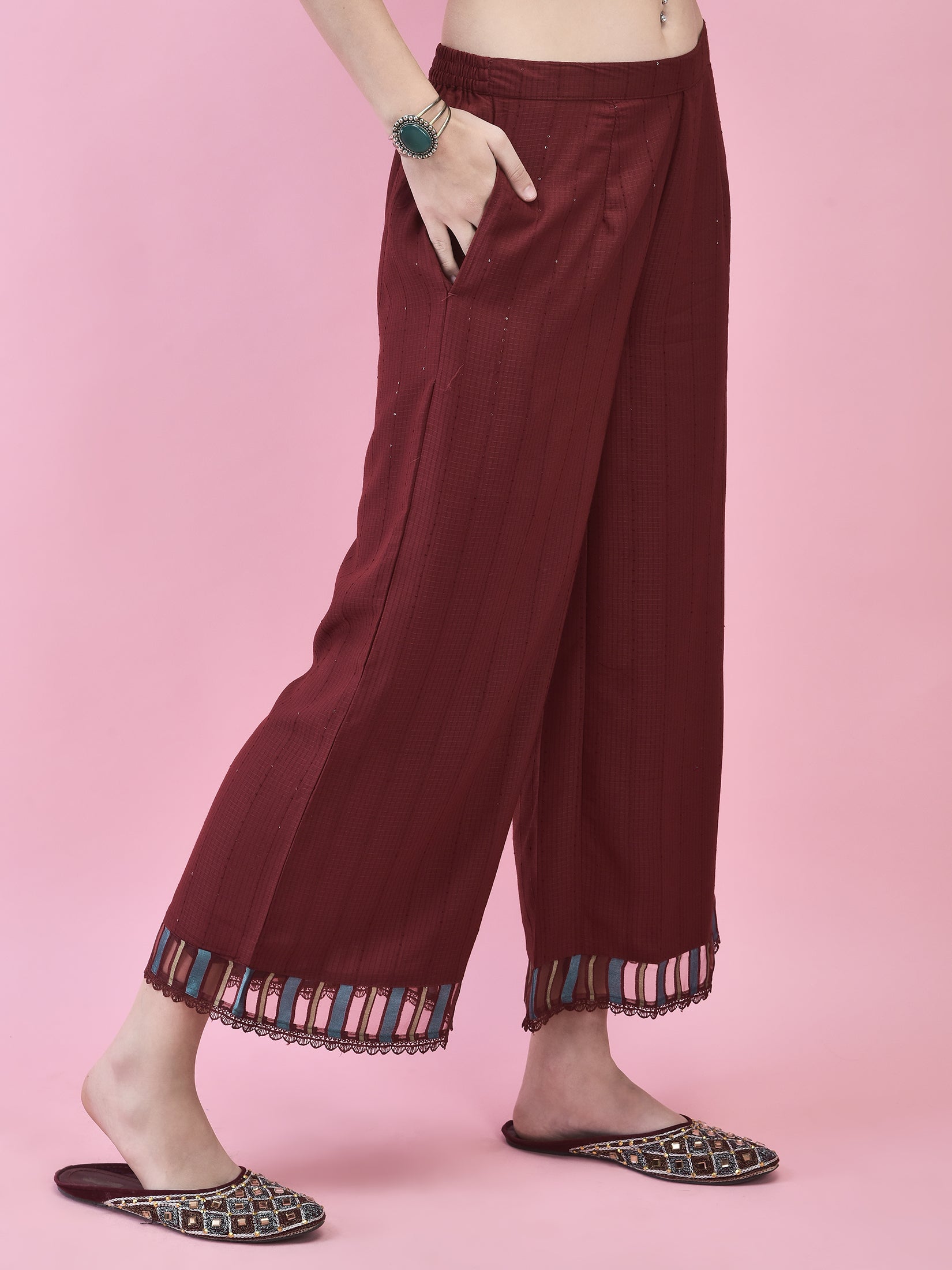 Women Poly Viscose Maroon Embroidered Kurta Wide Pant Dupatta